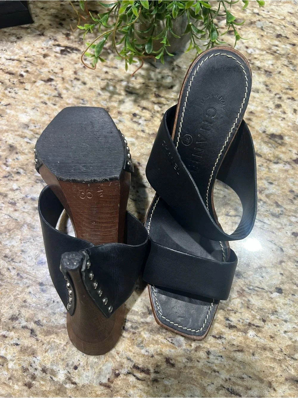 CHANEL Black Leather Studded Platform Mules 36.5